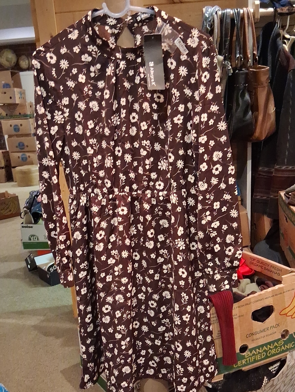 Alegra K Brown Floral Long Sleeve Dress with White Daisy Print